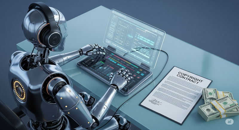 AI 로봇이 헤드폰을 끼고 음악을 만들고 있고, 그 옆에 저작권 계약서와 돈이 놓여 있는 이미지